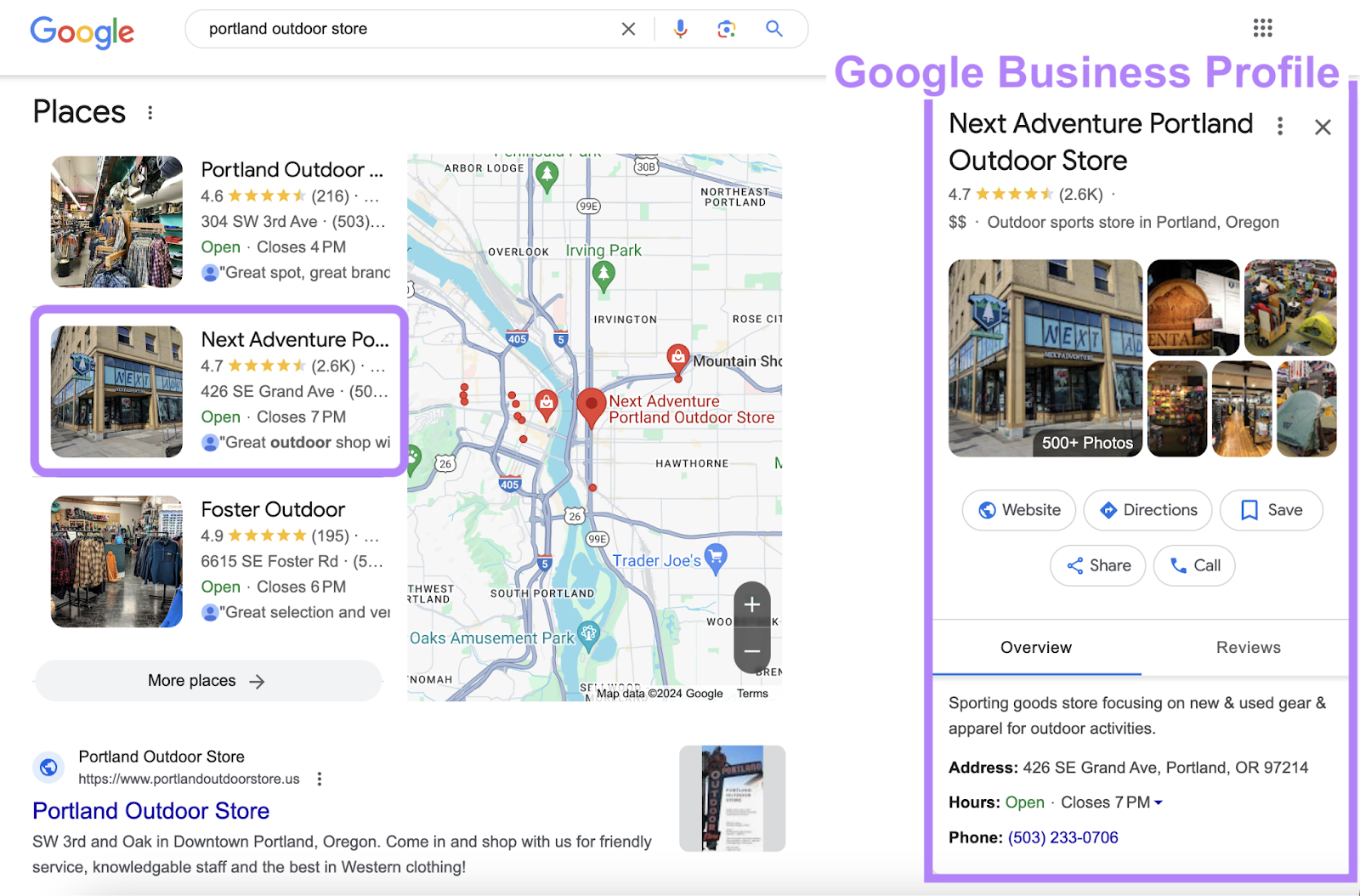 A "place" is expanded to show its Google Business Profile.