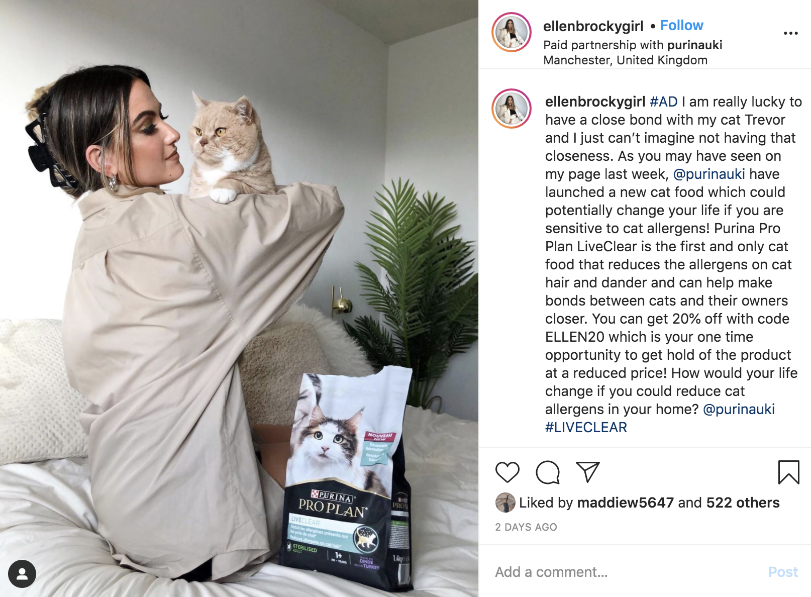 Instagram influencer @ellenbrockygirl promoting Purina's cat food in an Instagram post