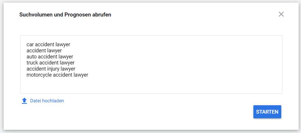 Google Ads Keyword-Planer: Liste von Keywords eingeben