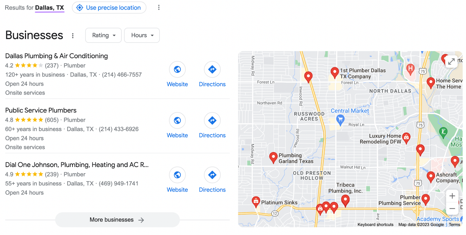 Google search results for “plumbers in Dallas”