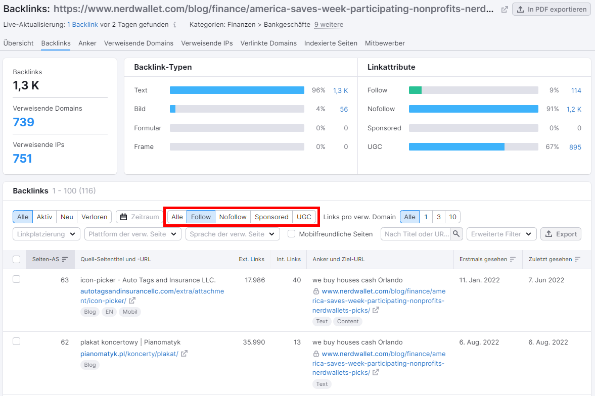 Screenshot: Backlink-Details in Backlink-Analytics