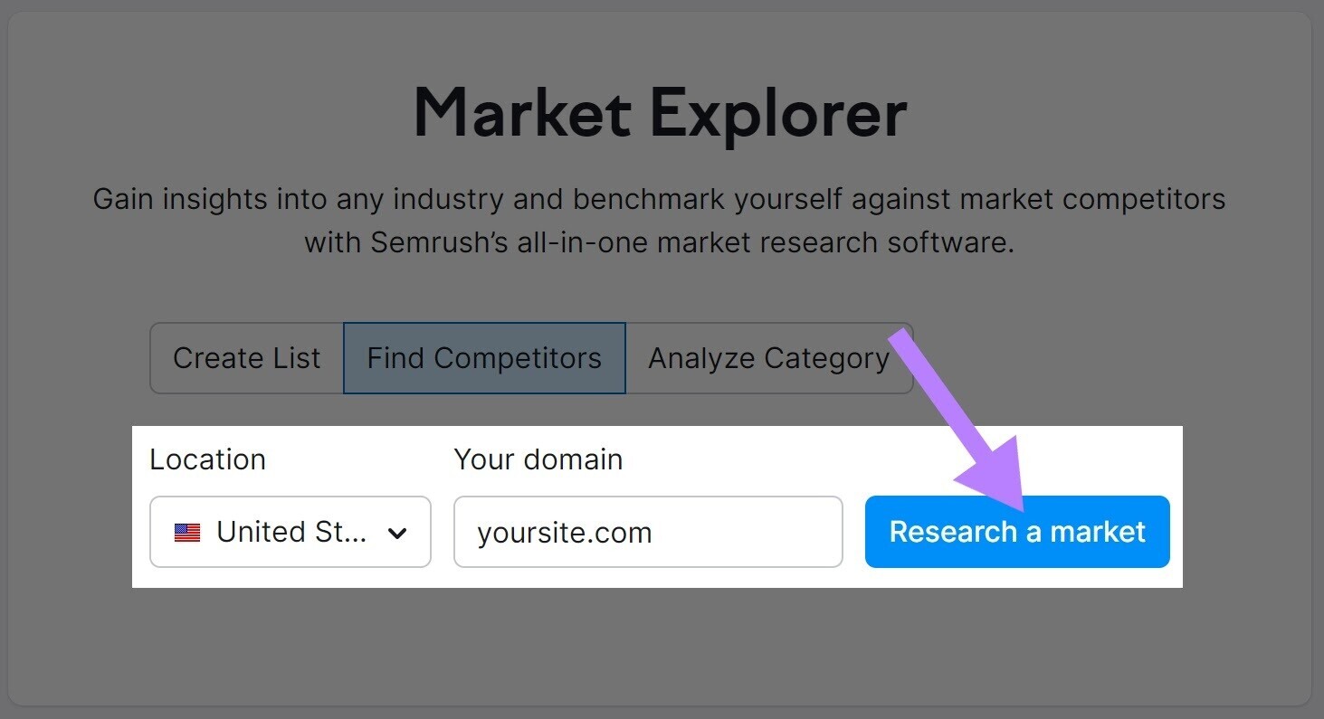 Market explorer tool with the united states selected as the location and "yoursite.com" under the your domain label