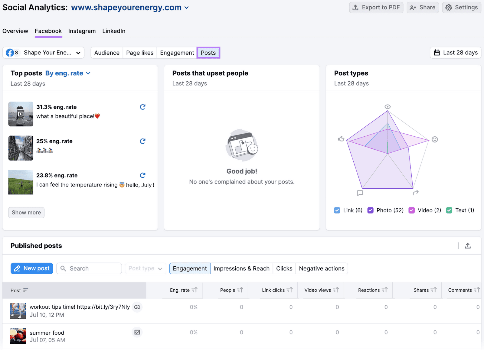 Social Analytics "Facebook" tab showing top posts by engagement rate, post types graph, all published posts