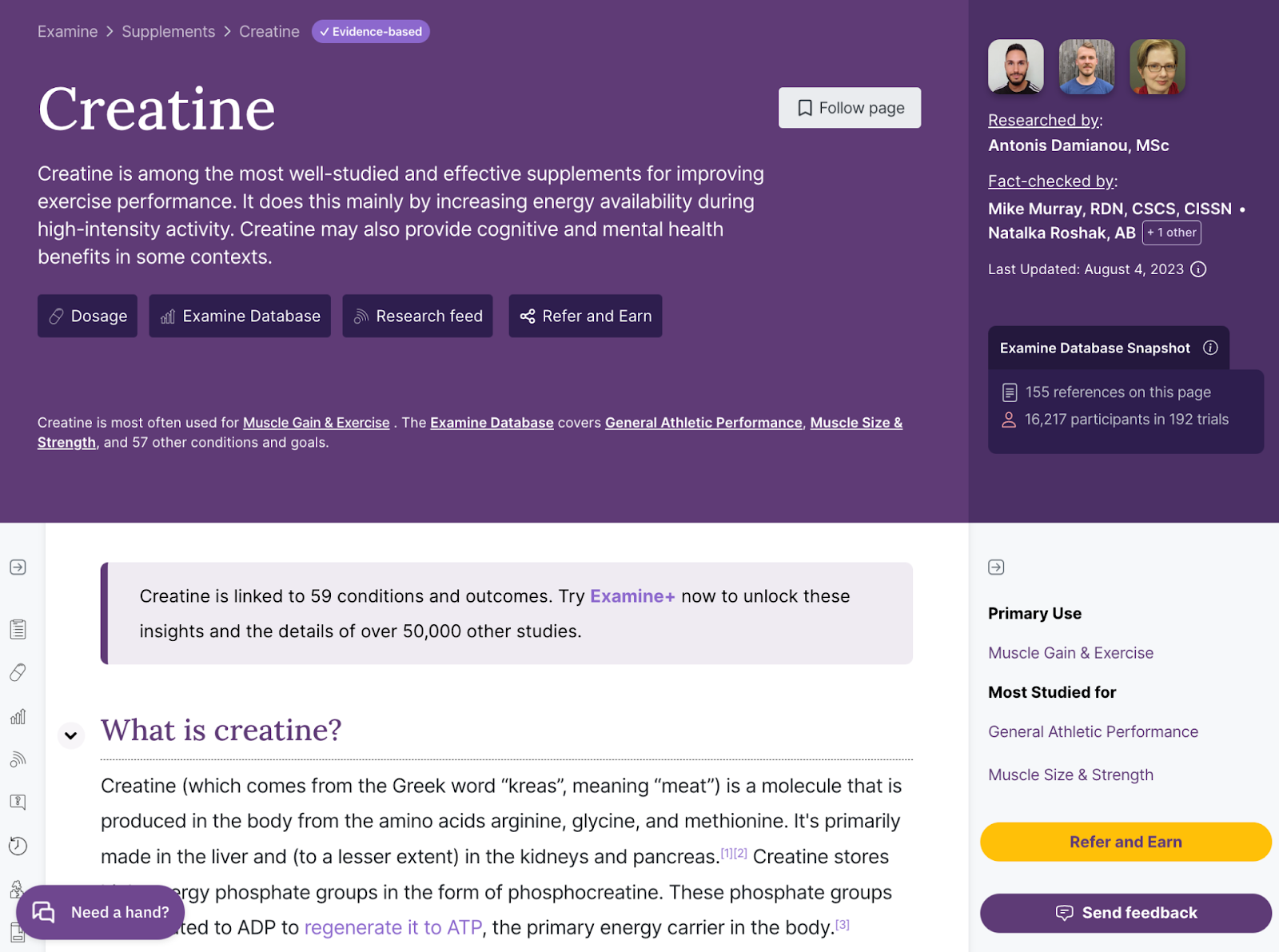 Examine's article on Creatine landing page