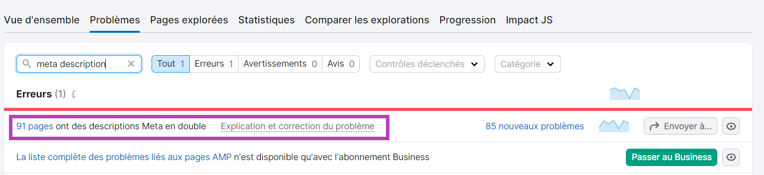 Trouver les meta descriptions en double dans Audit de site