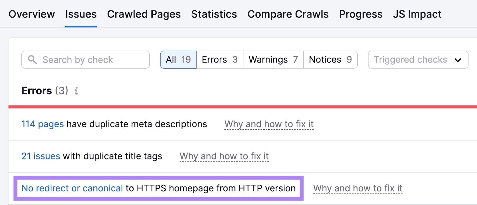 'No redirect or canonical to HTTPS homepage from HTTP version' highlighted on Site audit issues page.