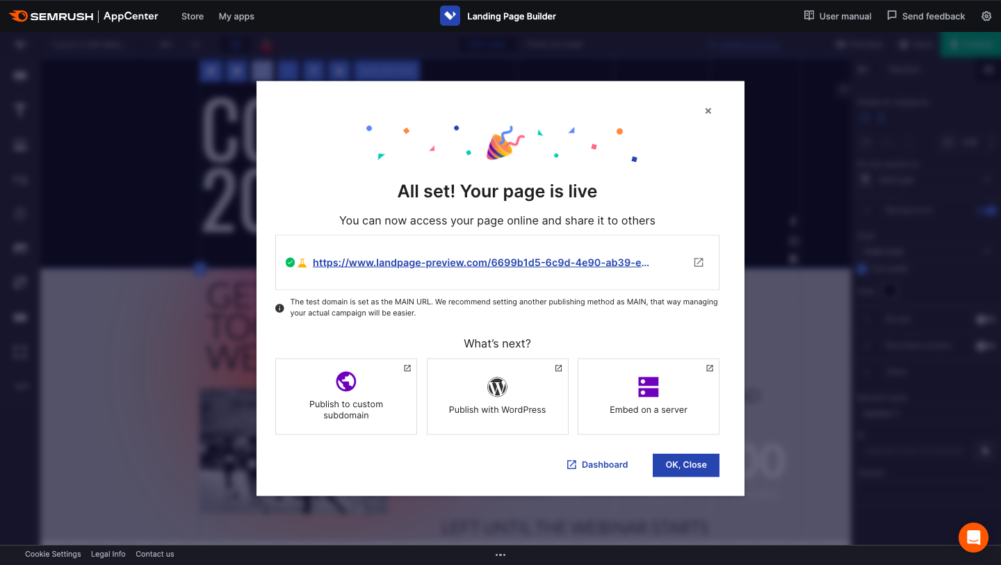 A notification on the Semrush Landing Page Builder saying that the page is live.