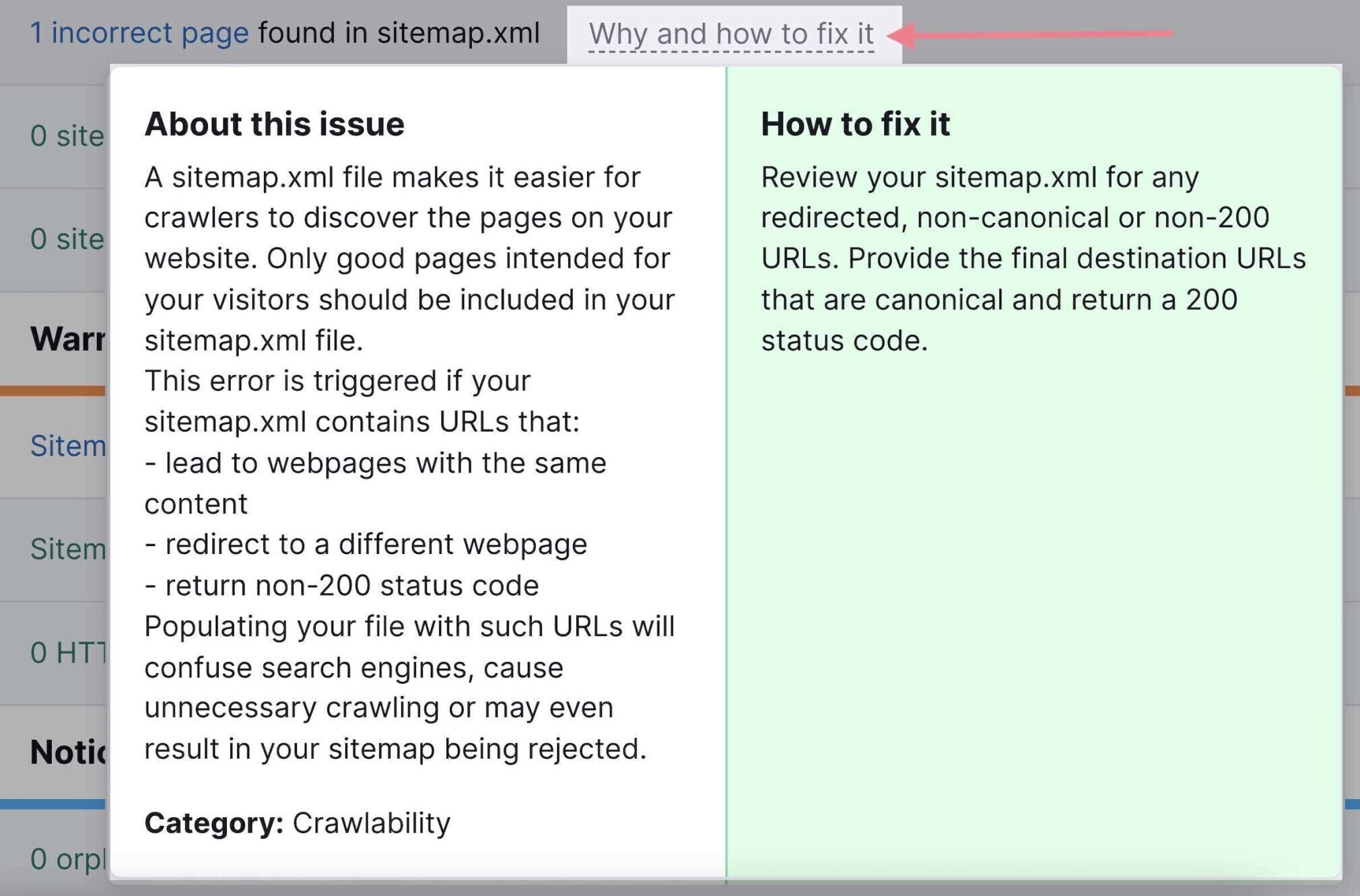 réparer un problème de sitemap avec Site Audit