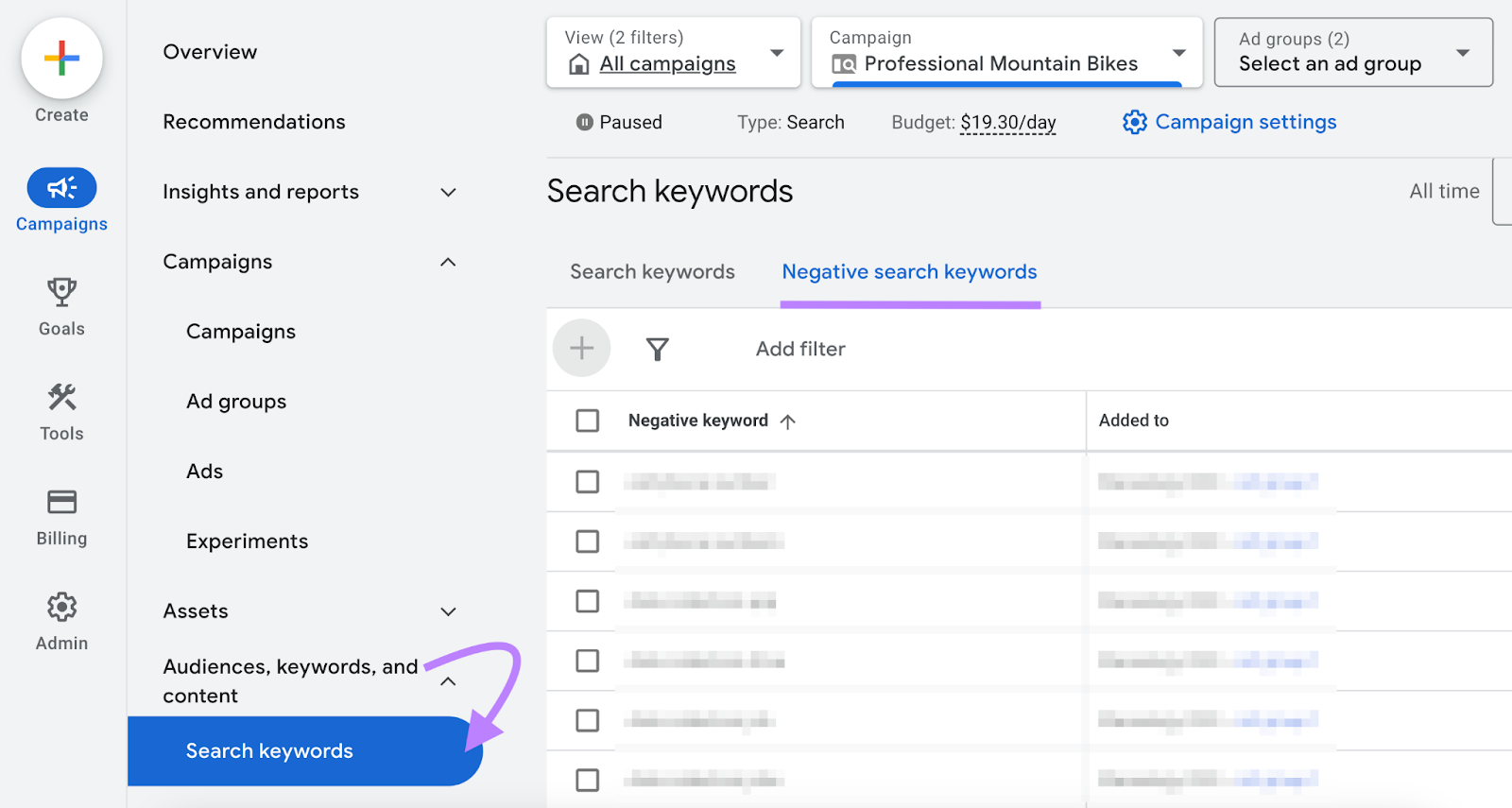 "Negative search keywords" tab selected under “Search keywords” screen