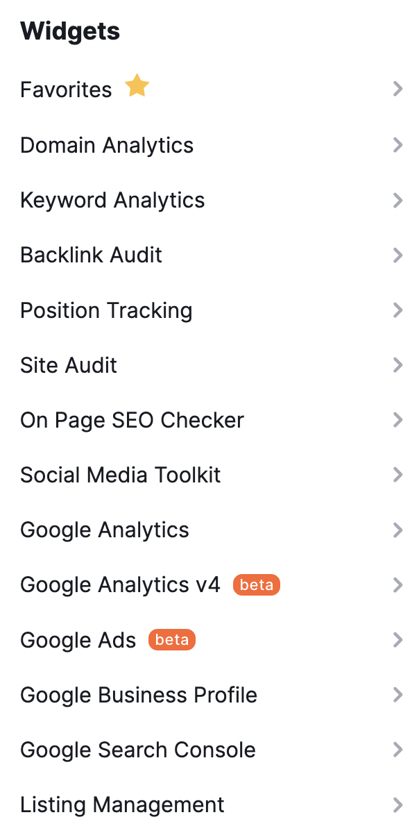 A list of widgets in Semrush’s My Reports tool