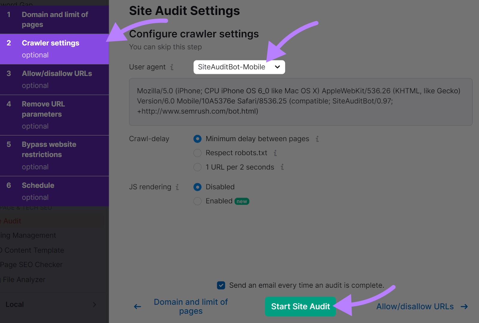 “SiteAuditBot-Mobile” selected under Site Audit's crawler settings