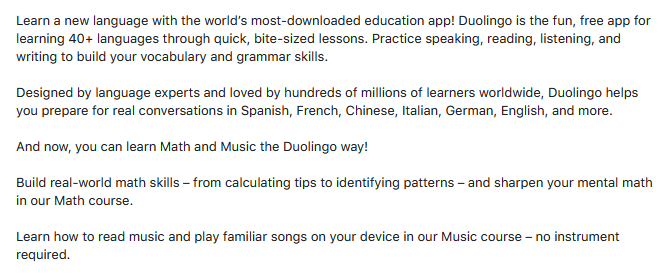 A snippet of Duolingo's app description