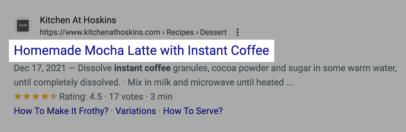 "Homemade Mocha Latte with Instant Coffee" title tag highlighted on Google SERP