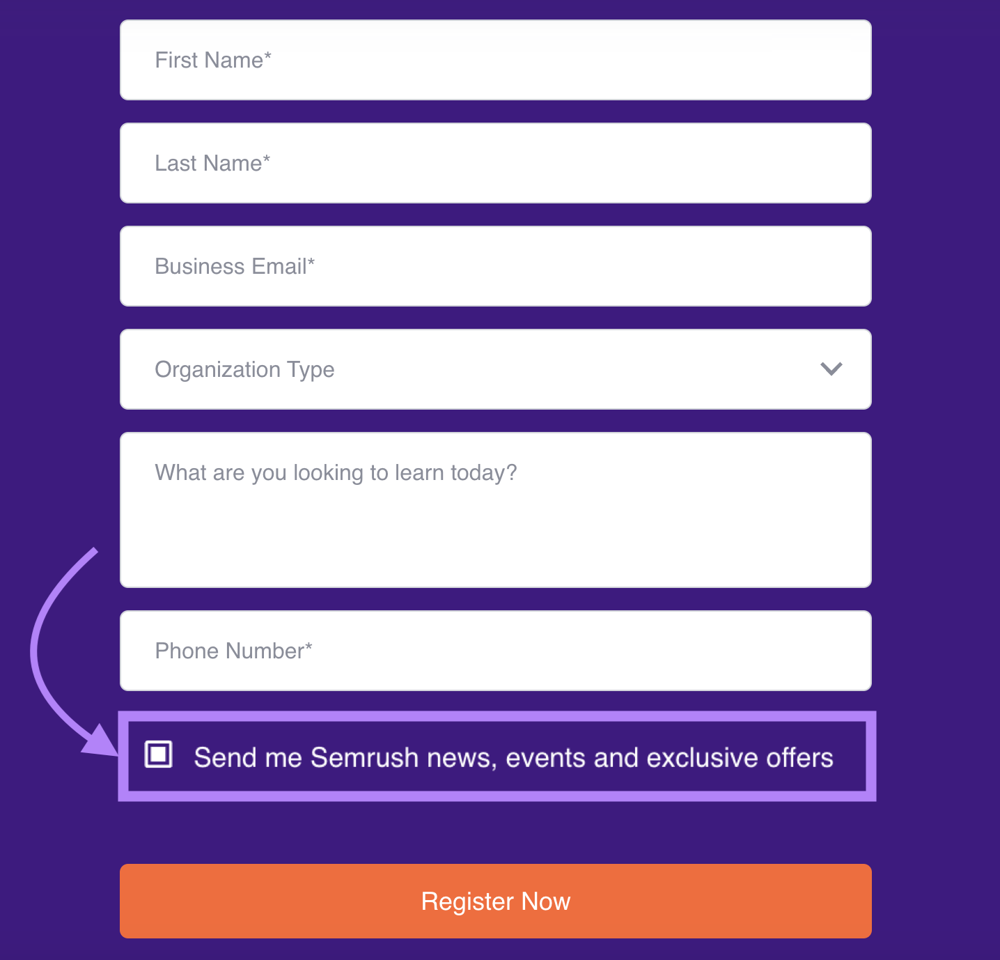 "Send me Semrush news, events and exclusive offers" opt-in at the bottom of Semrush's form