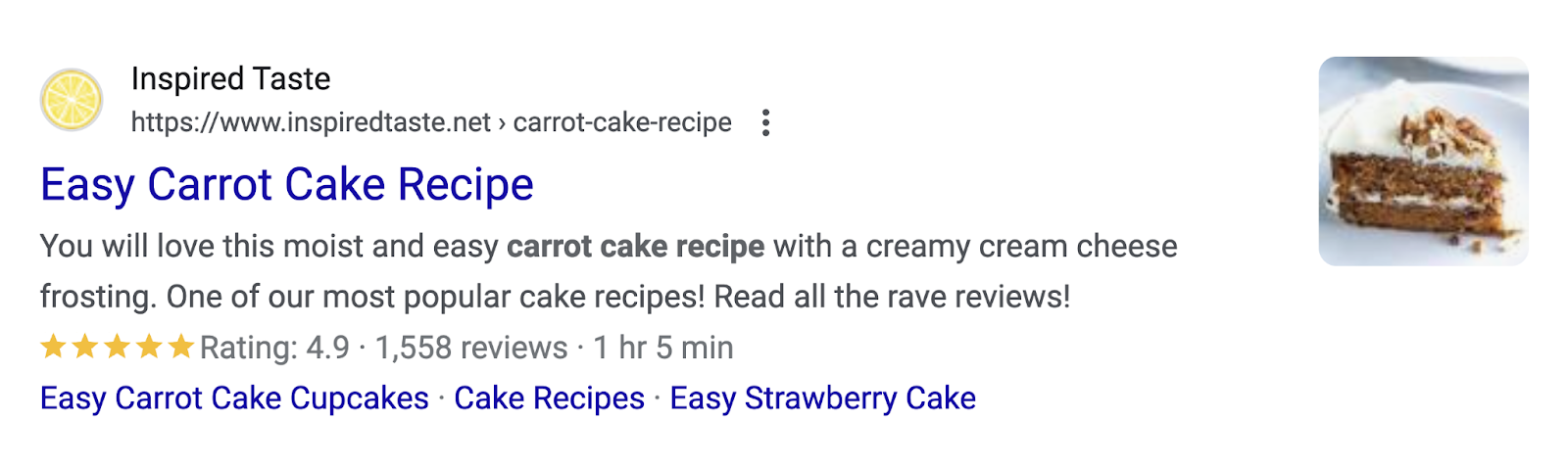 Search effect   for "carrot barroom   recipe" shows an image, prima  rating, fig   of reviews, clip  to complete, and much  arsenic  seen successful  the representation  above.