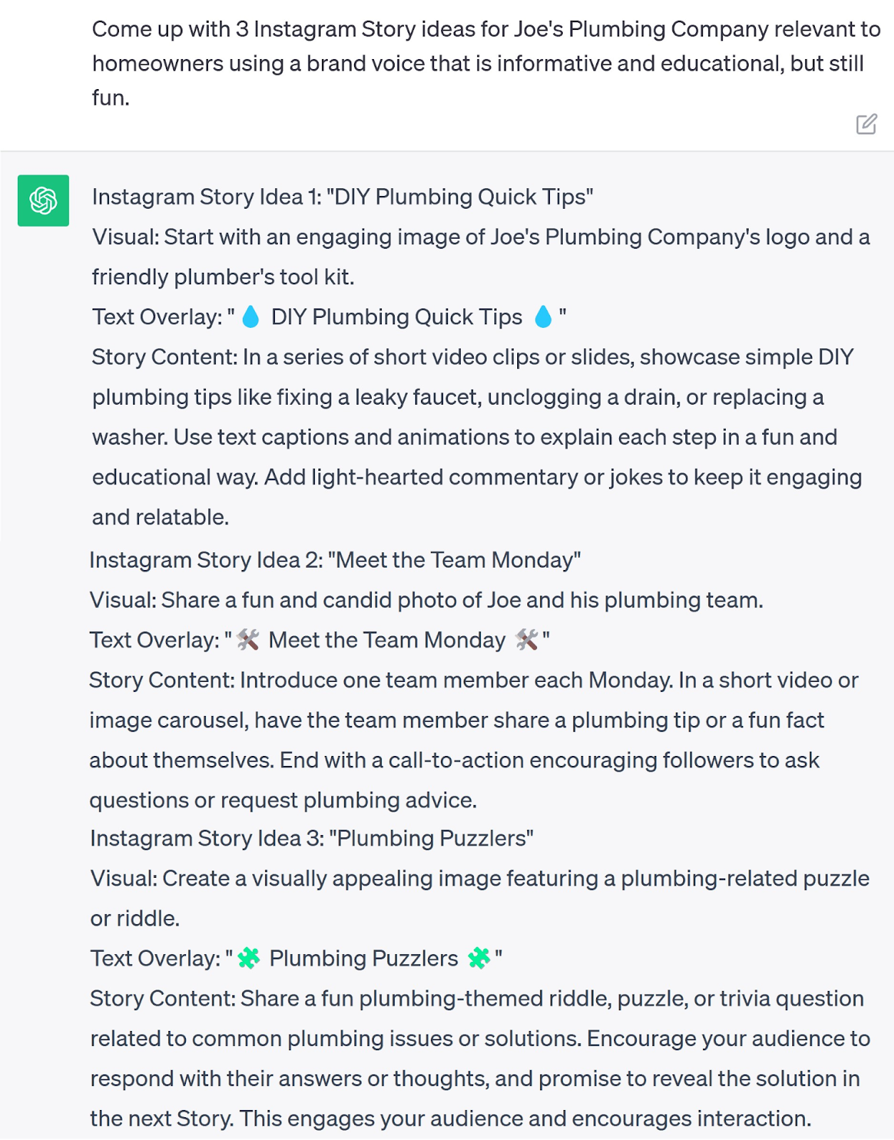 A prompt asking ChatGPT to come up with 3 Instagram Story ideas
