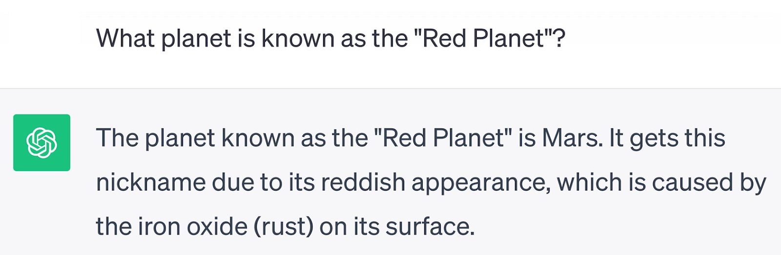 ChatGPT response to “What planet is known as the ‘Red Planet’?” prompt