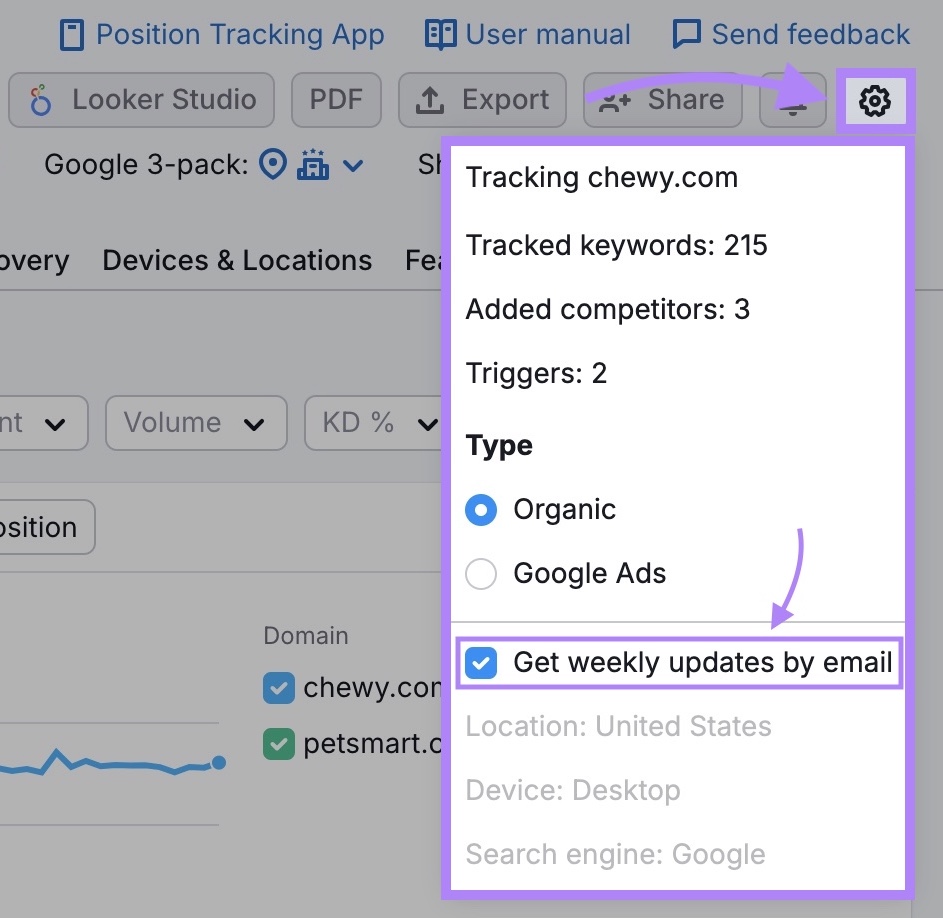 The gear icon clicked and "Get weekly updates by email" selected from the drop-down on the Position Tracking tool.