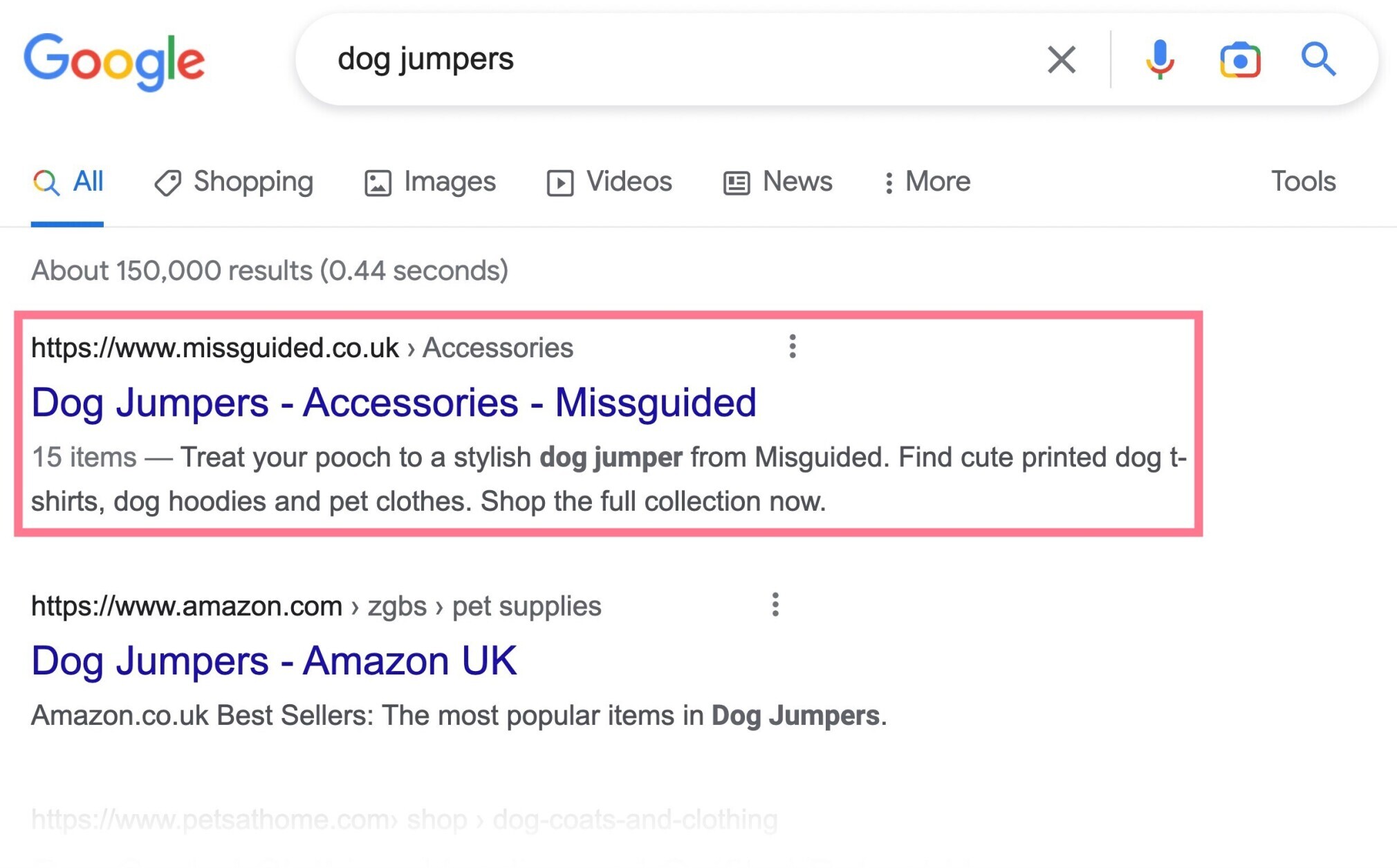 Missguided ranked #1 for the keyword "dog jumpers"