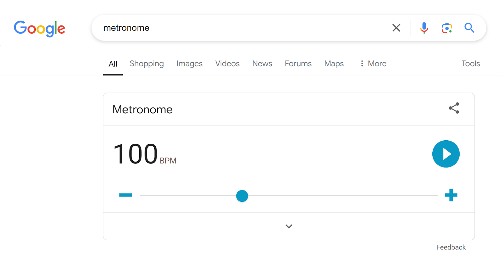 Google SERP for 'metronome' showing Google's metronome tool