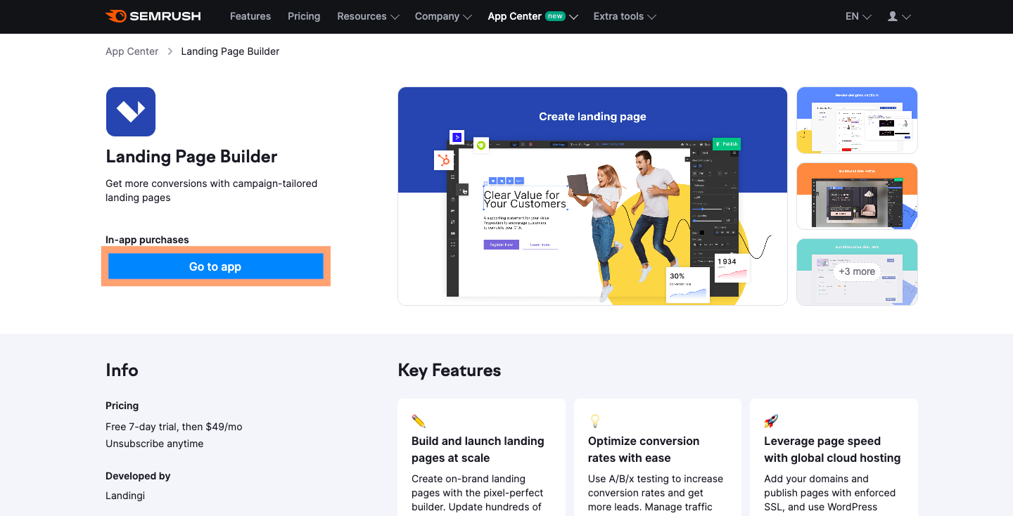 The Landing Page Builder leafage   successful  the Semrush app store.