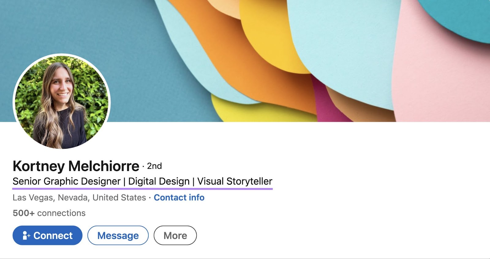 Kortney Melchiorre's LinkedIn profile title reads: "Senior Graphic Designer | Digital Design | Visual Storyteller"