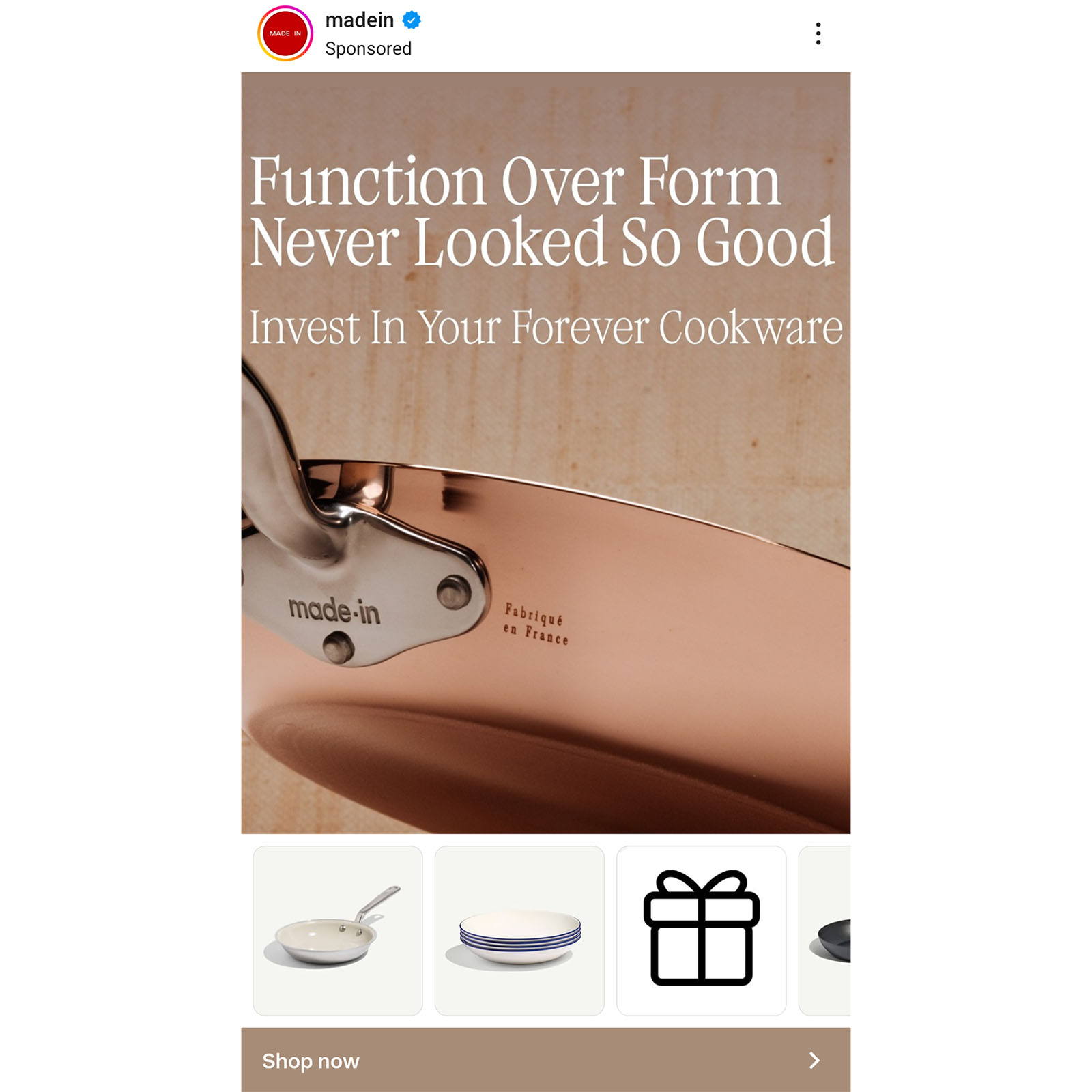 Close-up of copper cookware labeled "made-in" with ad text promoting durable, stylish pans