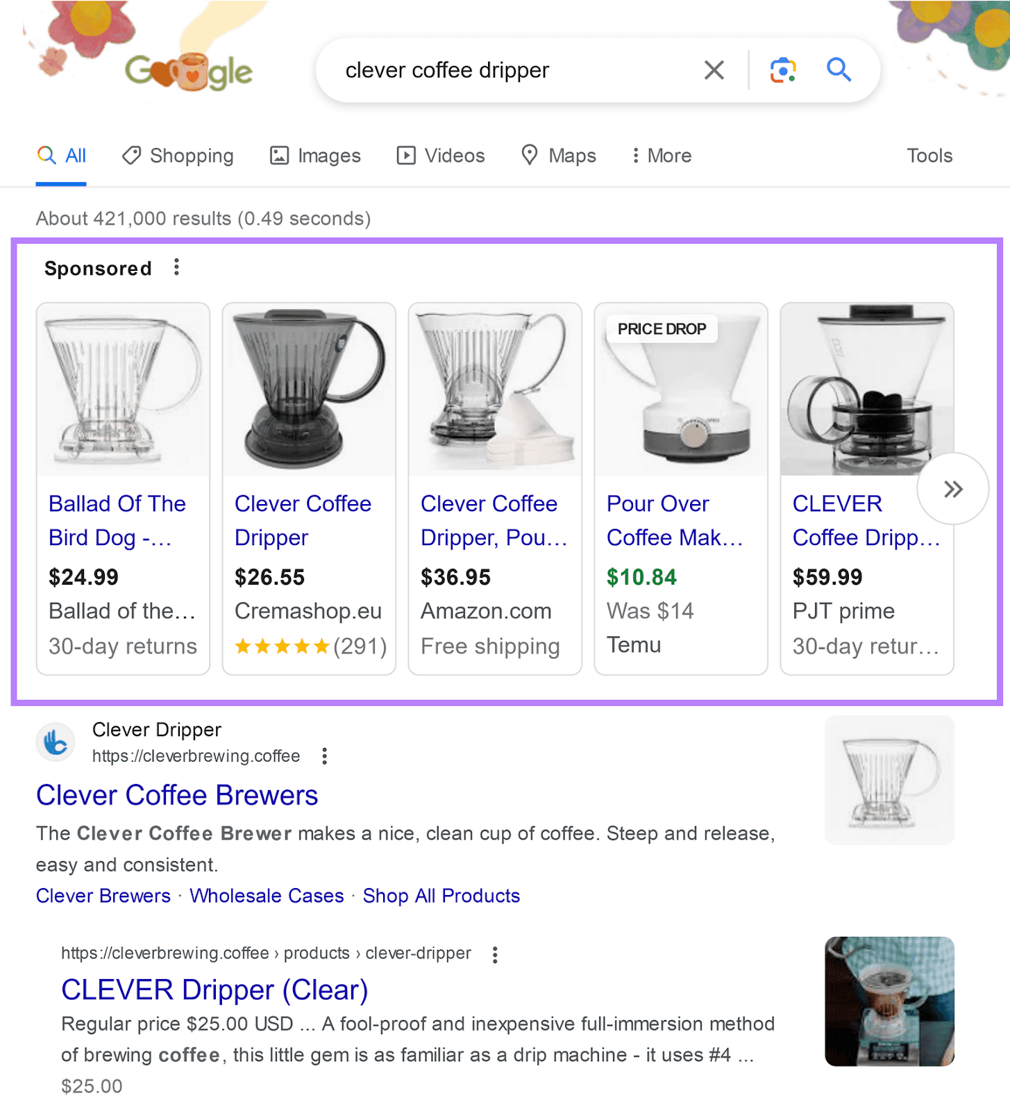Google Shopping Ads for "clever coffee dripper" search
