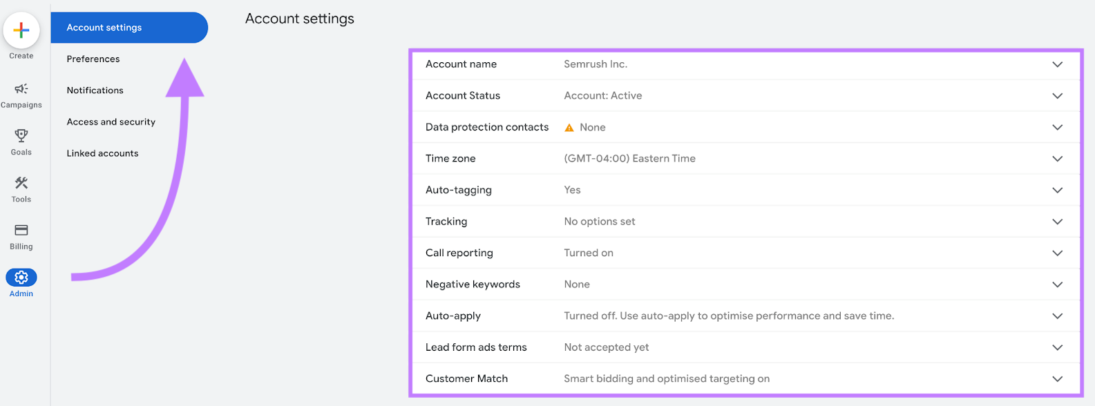 Google Ads account settings