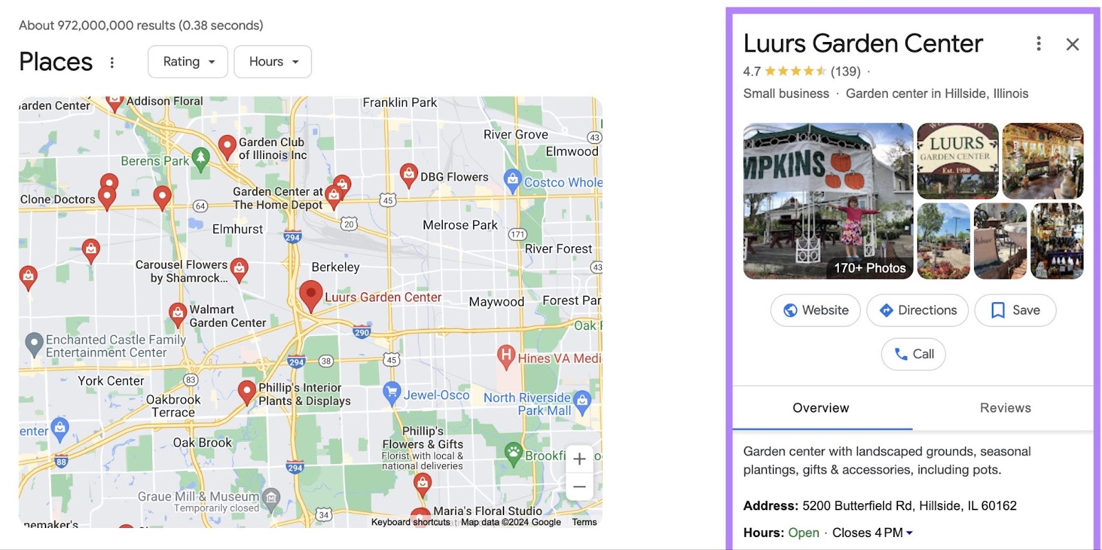 local garden center google business profile in google serp