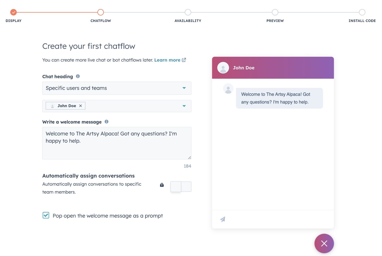 "Chatflow" setup page on "HubSpot Marketing Hub" with multiple input boxes and a toggle to automatically assign conversations.