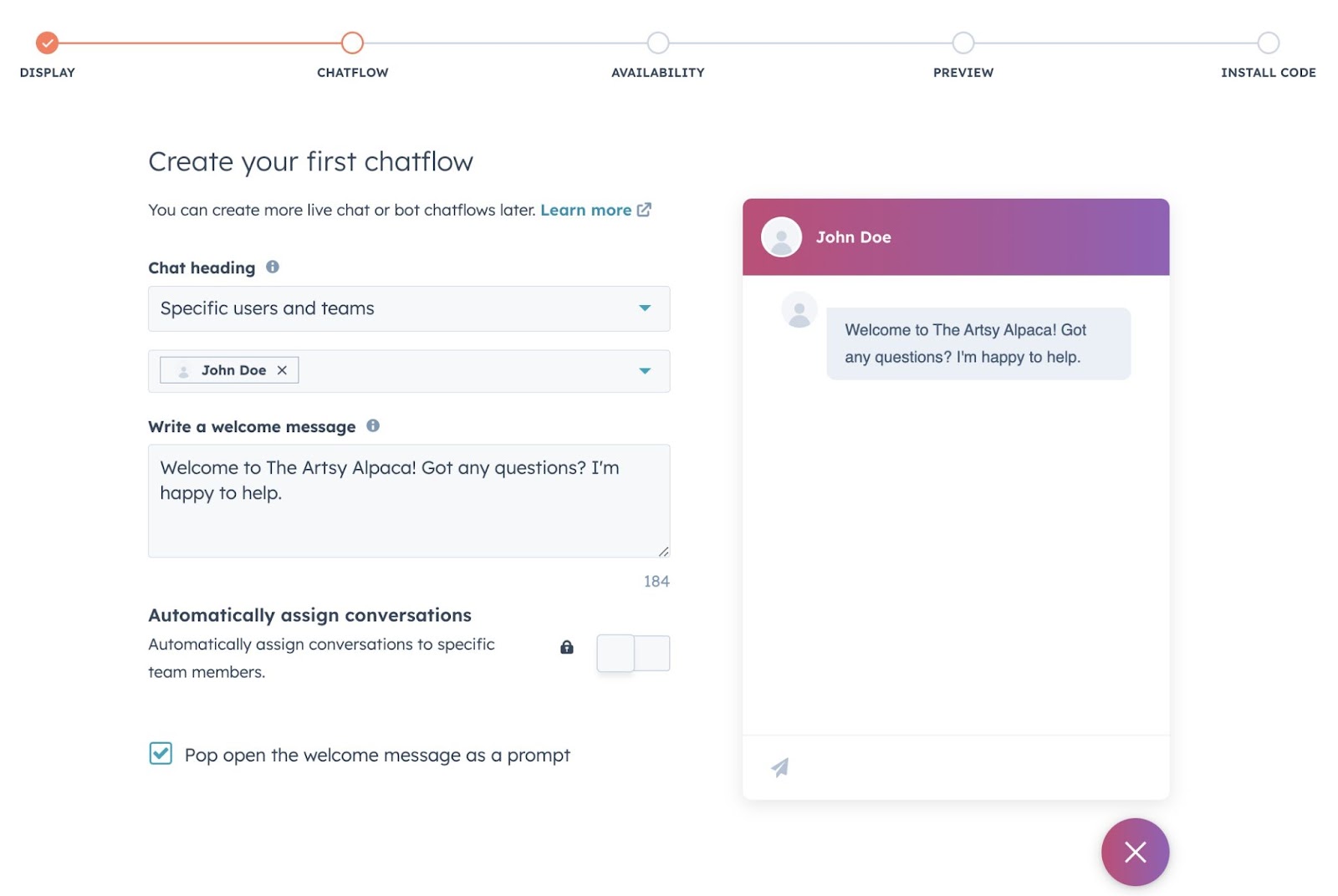 "Chatflow" setup leafage   connected  "HubSpot Marketing Hub" with aggregate  input boxes and a toggle to automatically delegate  conversations.