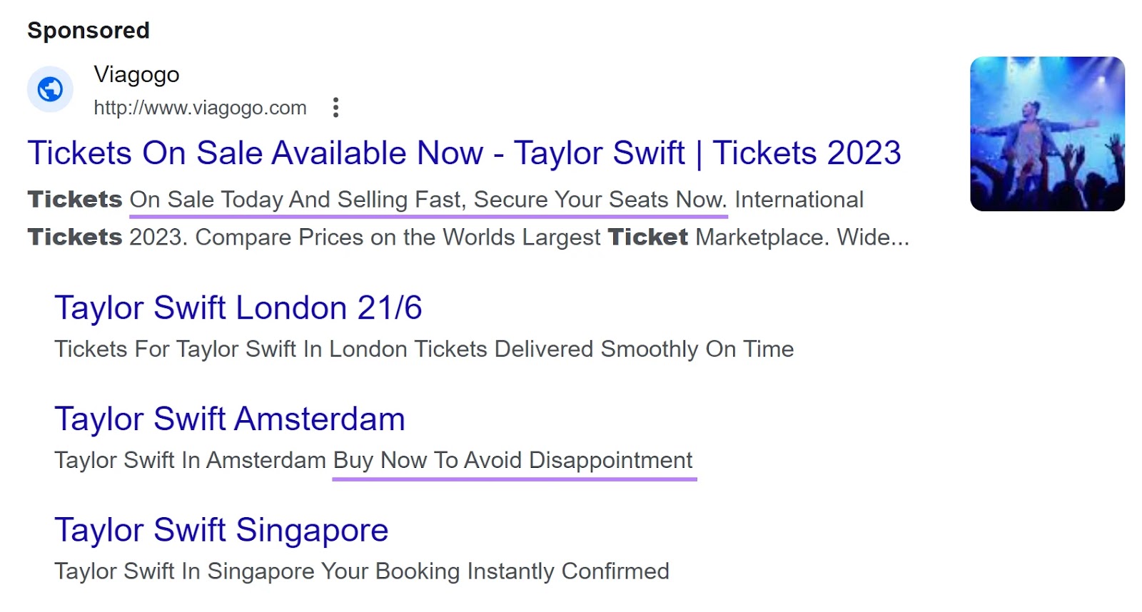 Viagogo's search ad for Taylor Swift concert tickets with "on sale today and selling fast, secure your seats now" copy