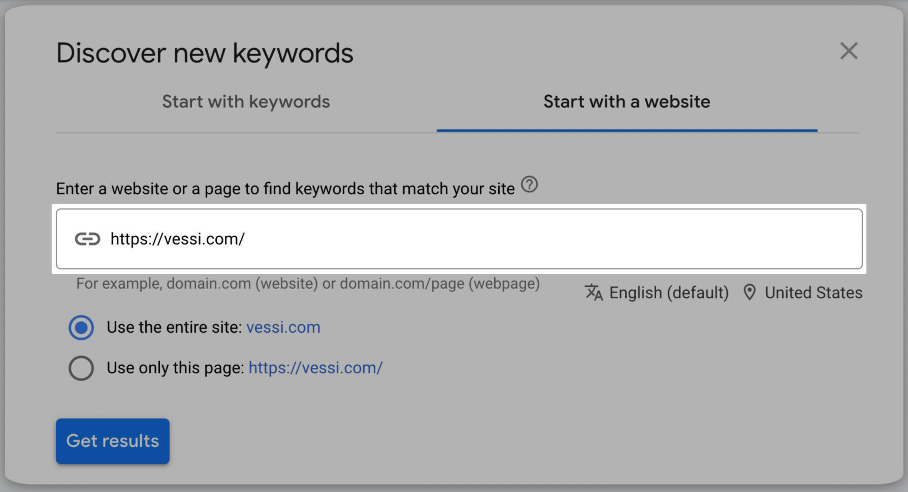 google keyword planner start with a website