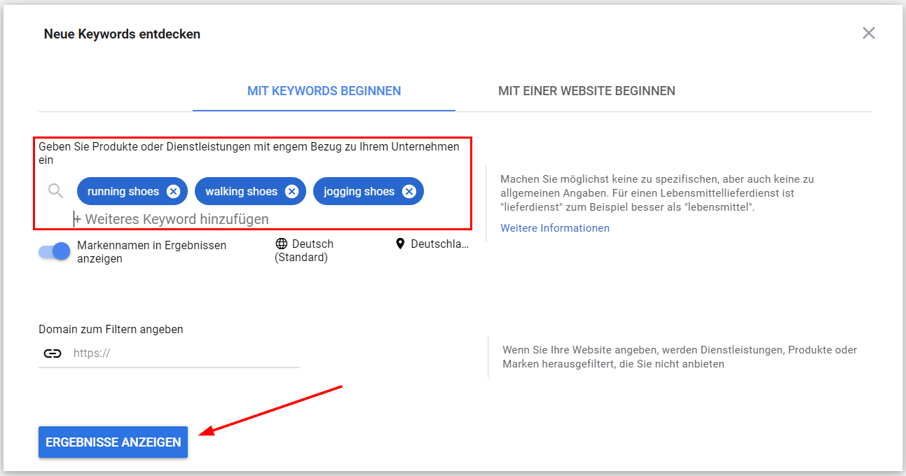 Google Ads Keyword-Planer: Keywordeingabe