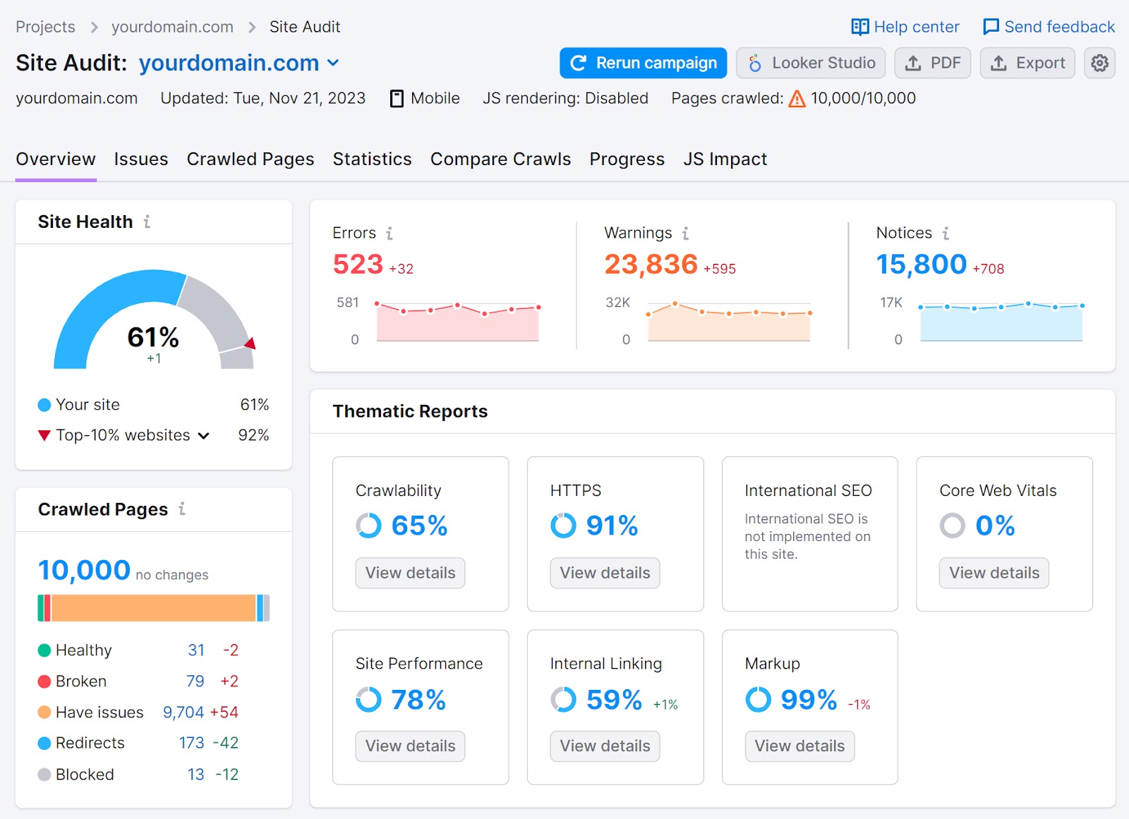 An "Overview" dashboard successful  Site Audit tool