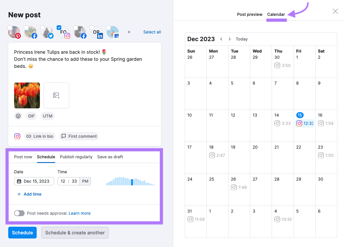 Schedule a post using a calendar on the right screen