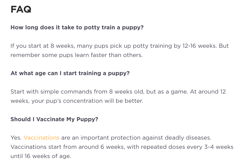 "FAQ" section of Petcube's Puppy Care Guide