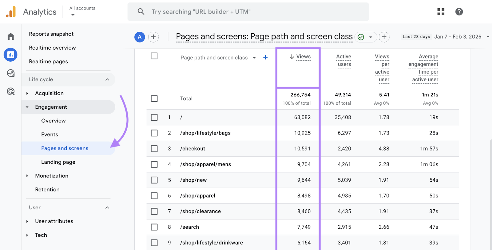 SEO analytics study shows individual pages and metrics for illustration page views for each.