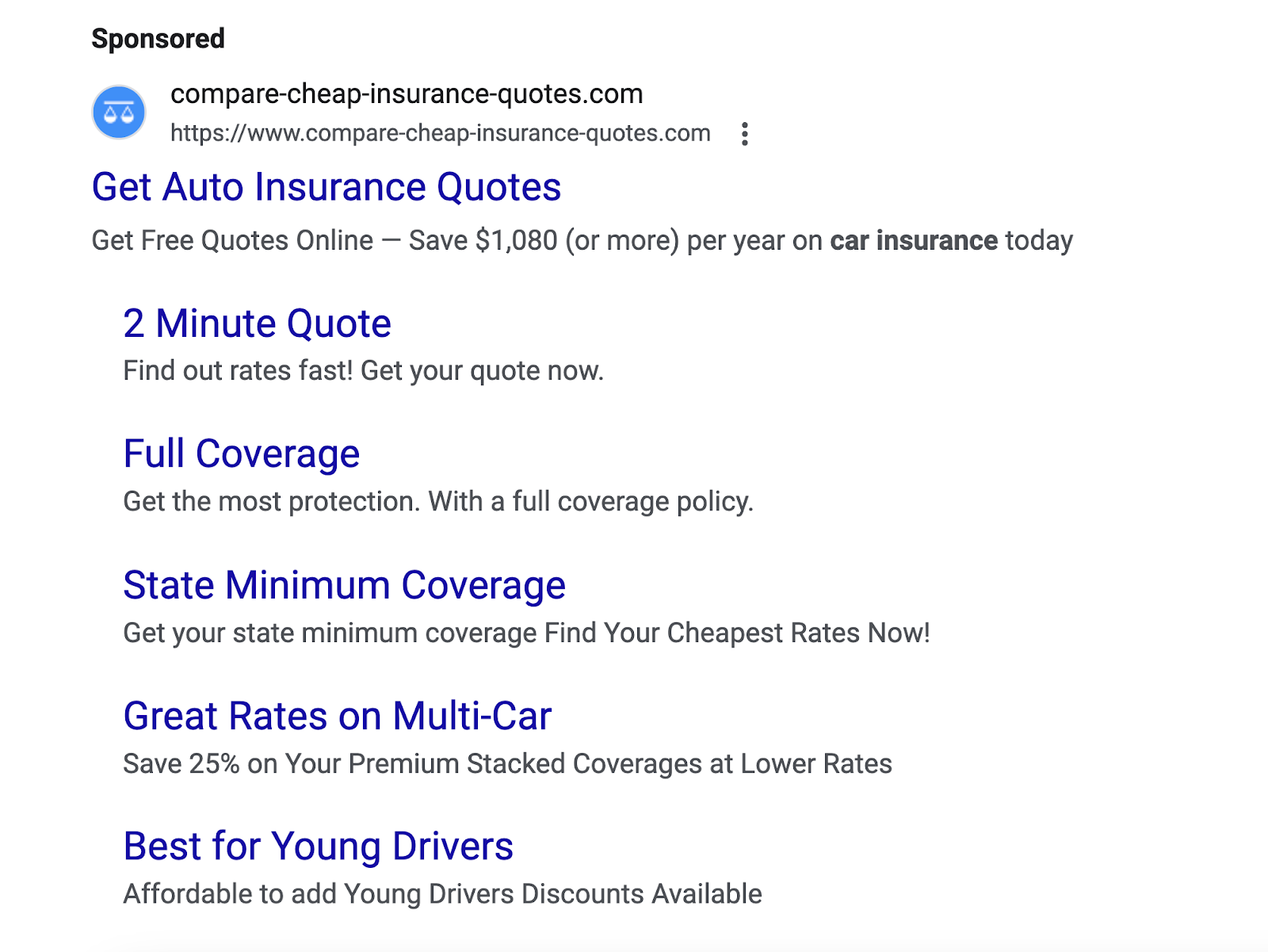google search ad copy says get auto insurance quotes with sitelinks