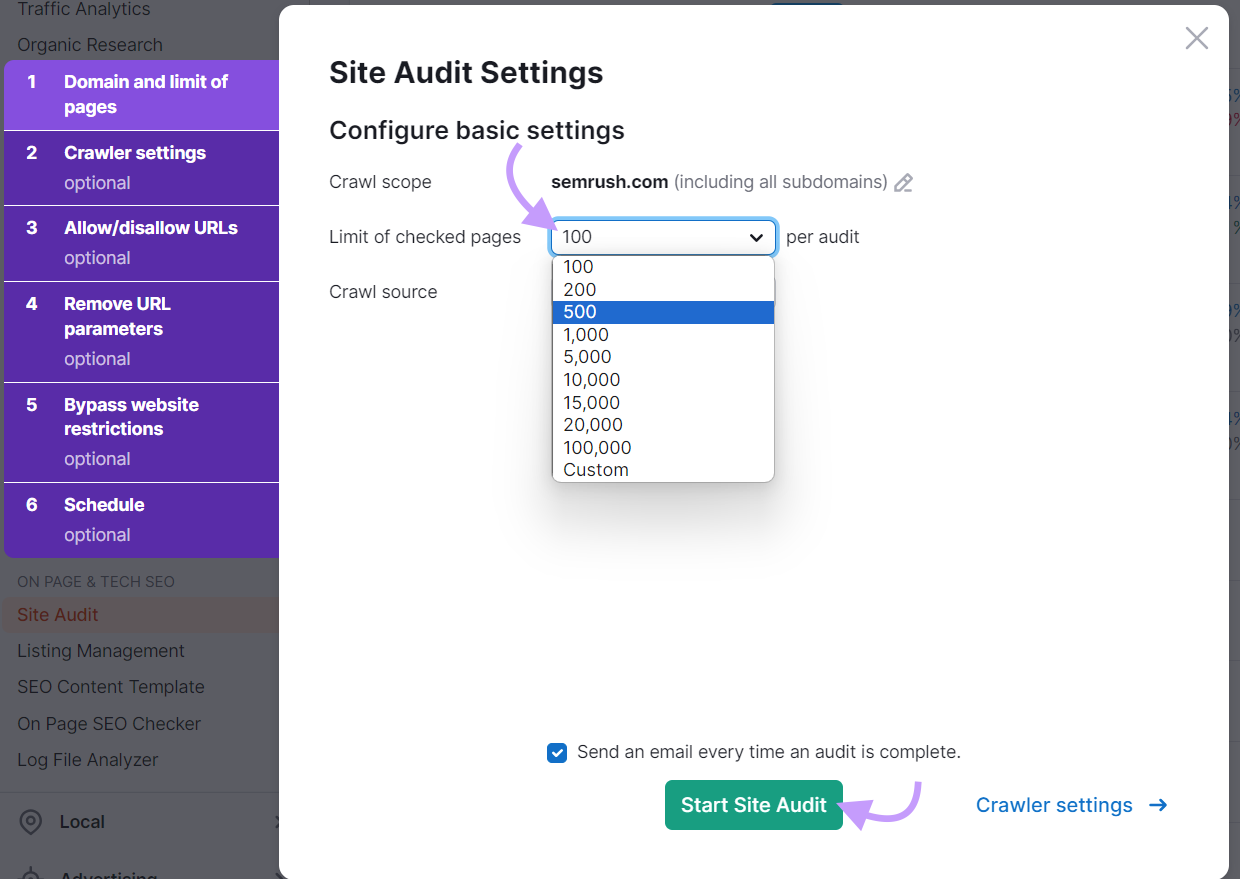 Configure basic setting in Site Audit and click "Start Site Audit" button
