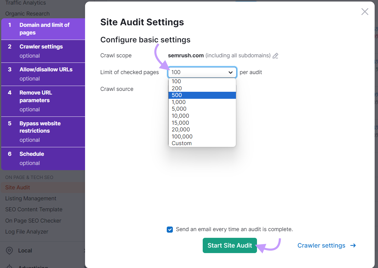 Configure basal  mounting  successful  Site Audit and click "Start Site Audit" button