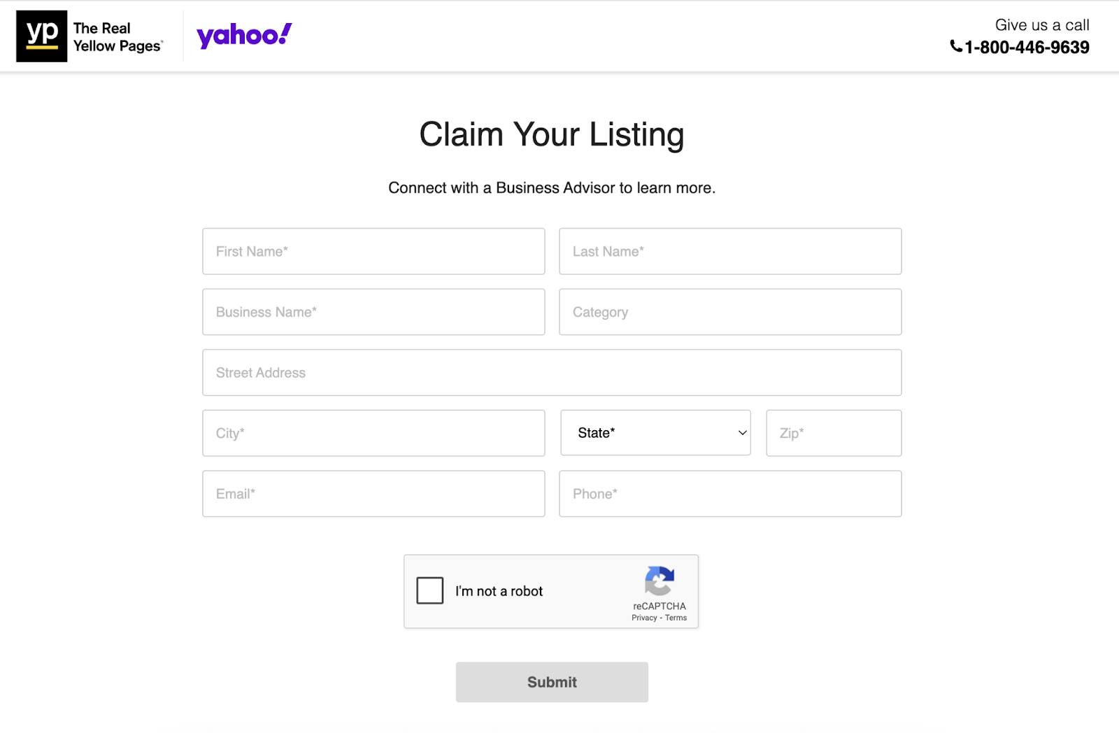 Page allows you to fill out more details to connect with a Yahoo Business Advisor.