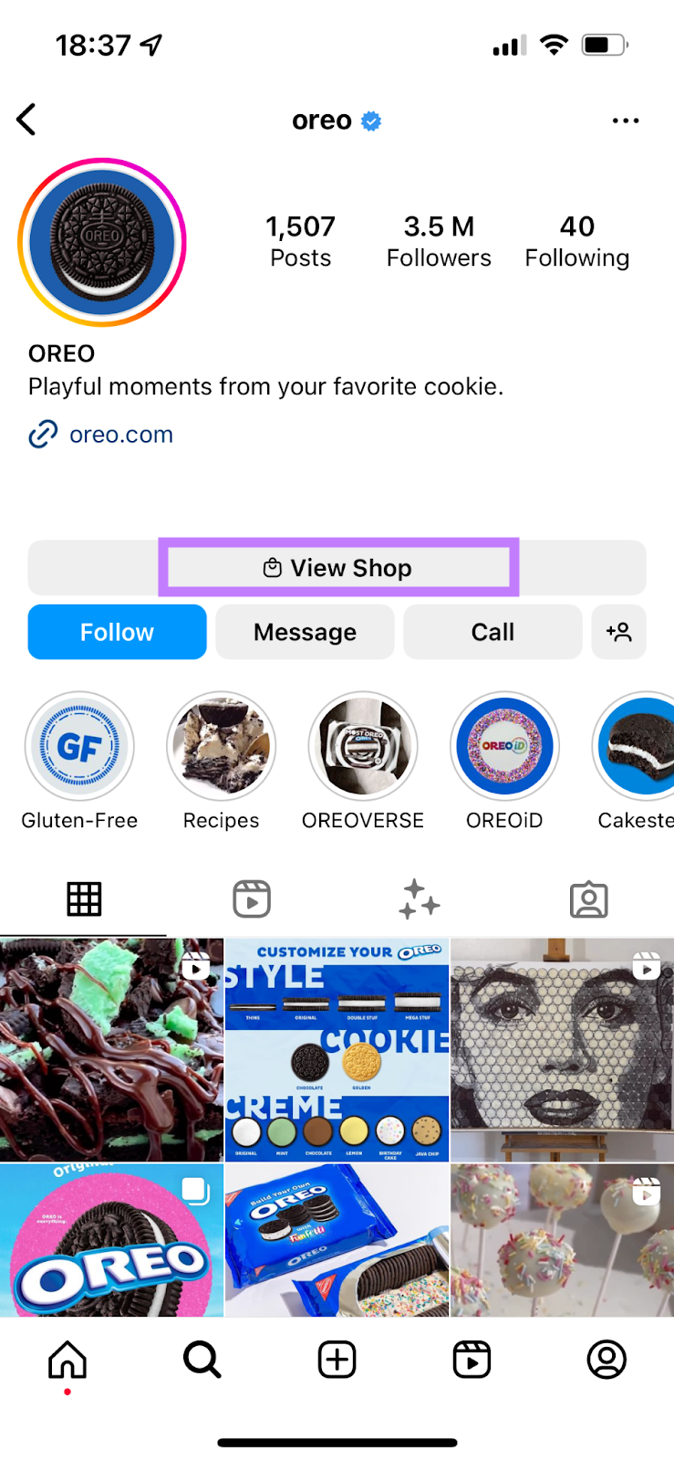 Oreo's Instagram page with "View Shop" button highlighted