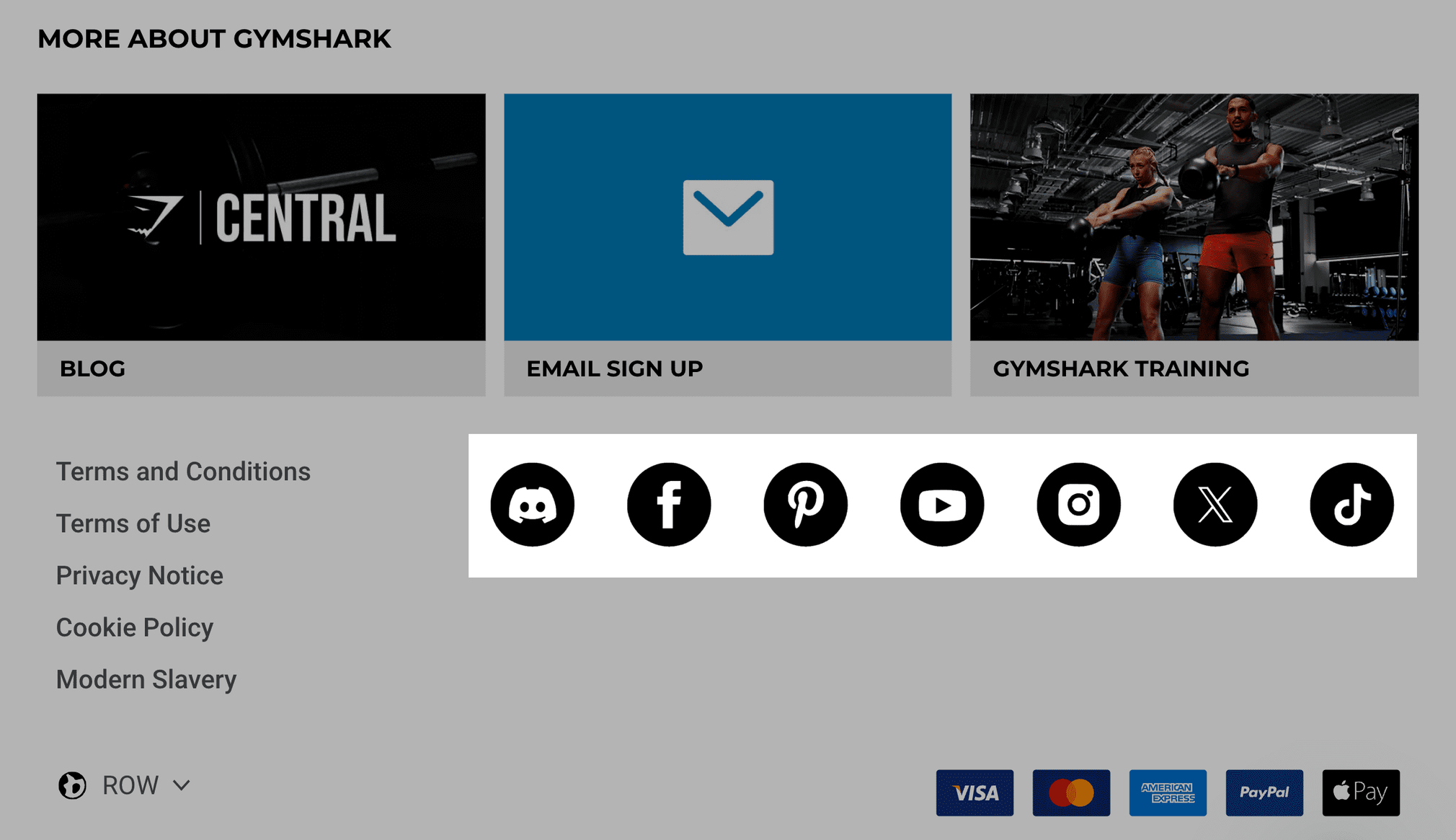 Social icons on Gymshark's website