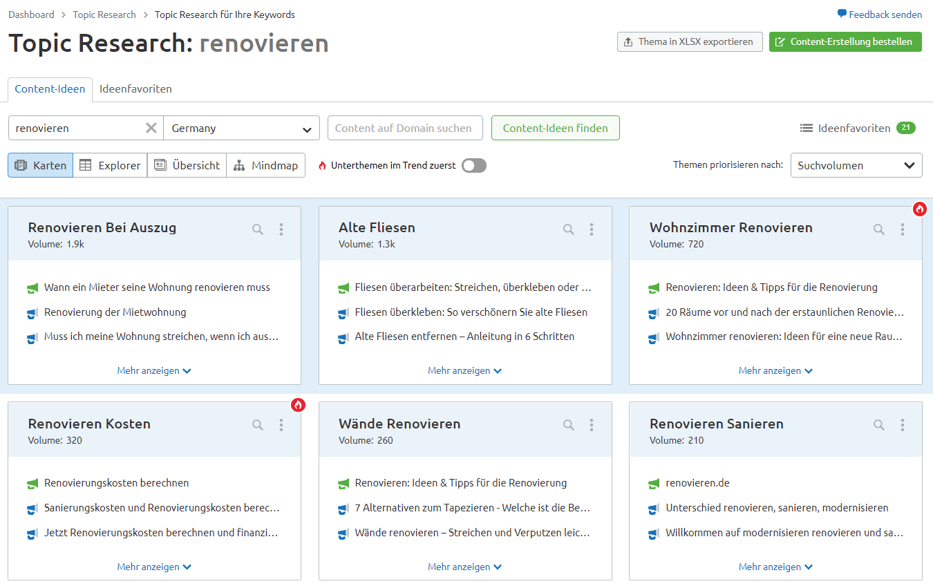 Themenvorschläge in Topic Research