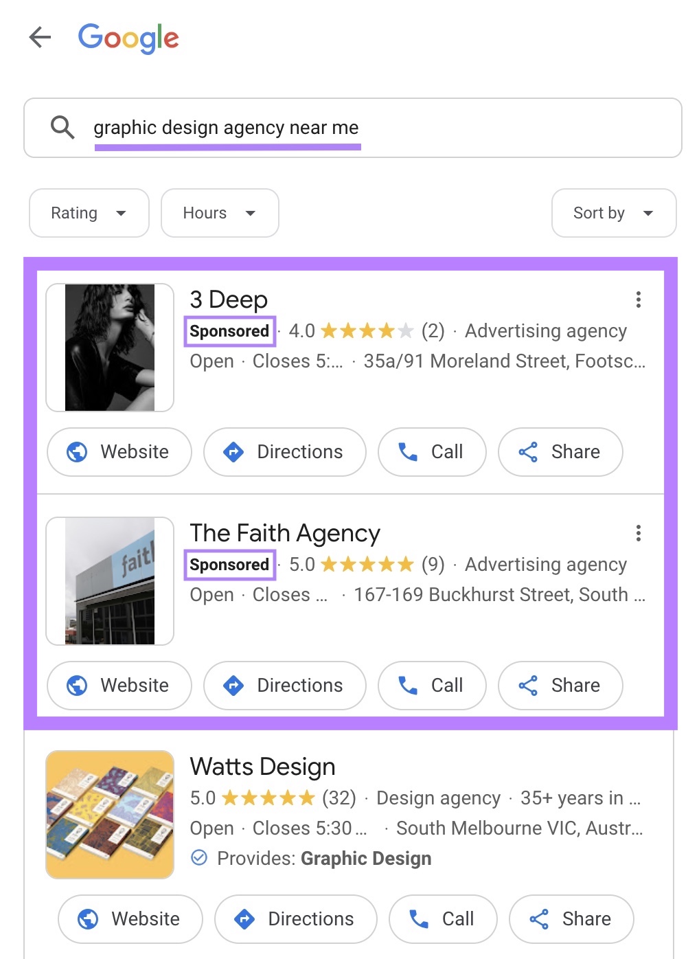 Google local ads appearing for “graphic design agency near me" query