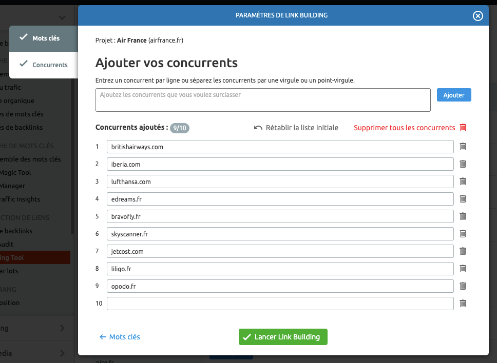 projet concurrents link building semrush