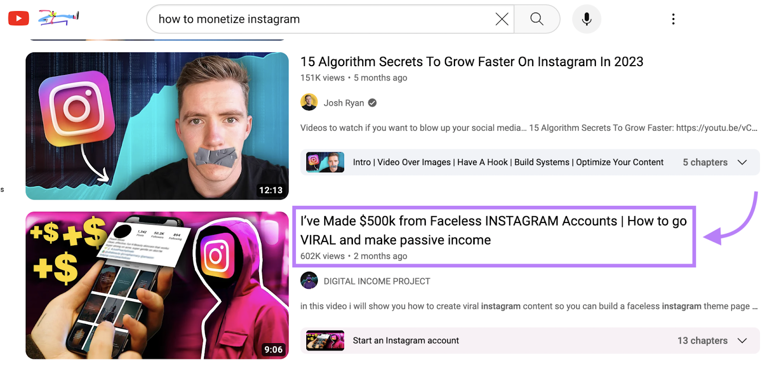 YouTube video titled "“I’ve Made $500k from Faceless INSTAGRAM Accounts | How to go VIRAL and make passive income”