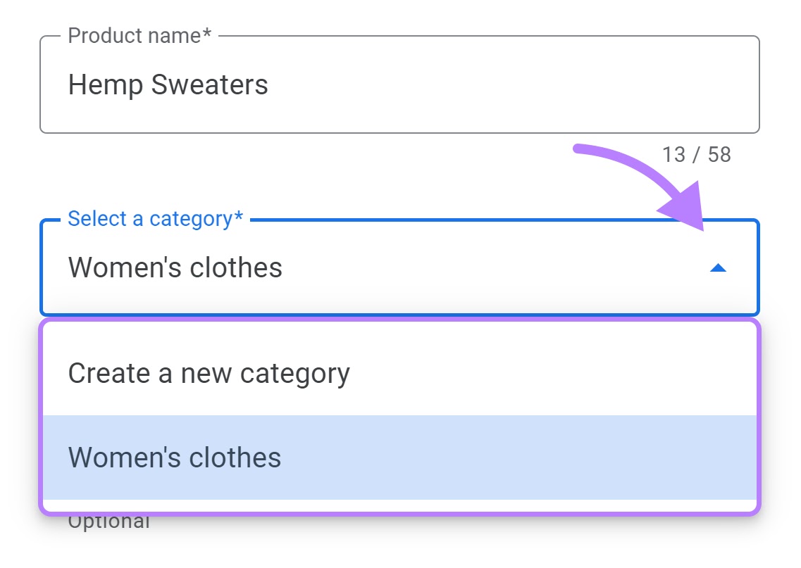 "Women's clothes" selected under product category